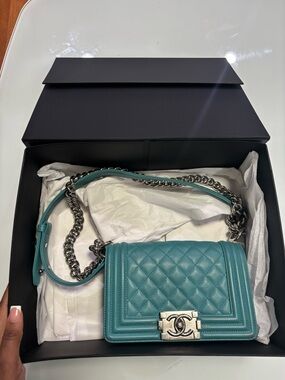 CHANEL Quilted Lambskin Boy Bag in Teal Blue